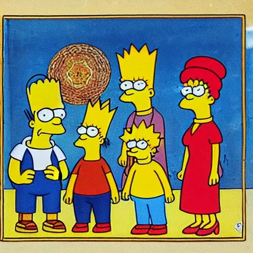 Image similar to a detailed Persian miniature of the Simpsons