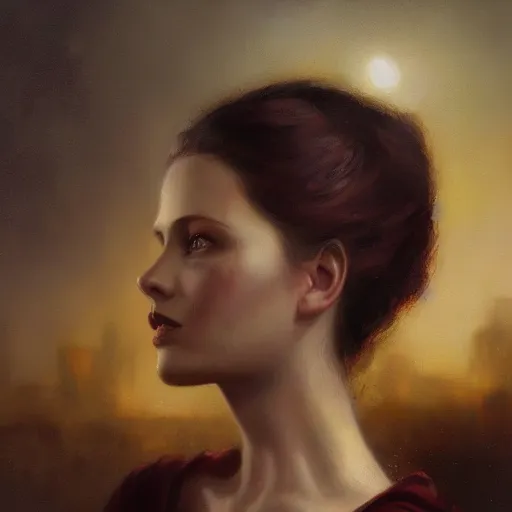 Image similar to closeup portrait of a young vivian leigh, crying, chiaroscuro, city background, night, moon, dramatic lighting, complementary contrast, high detail, painted by greg rutkowski, painted by igor kieryluk, trending on artstation