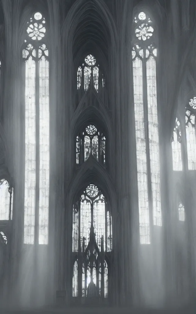Prompt: cathedral!!!!!!!!!! interior!!! symmetrical, centered god-rays!!!!!!, rays, sunlight, stained glass windows, artstation, atmospheric, epic scene, concept art, cinematic, digital, fantasy, gothic, tall, architecture, smoke, clouds, octane, mood, monks!!!!!!!!! fire