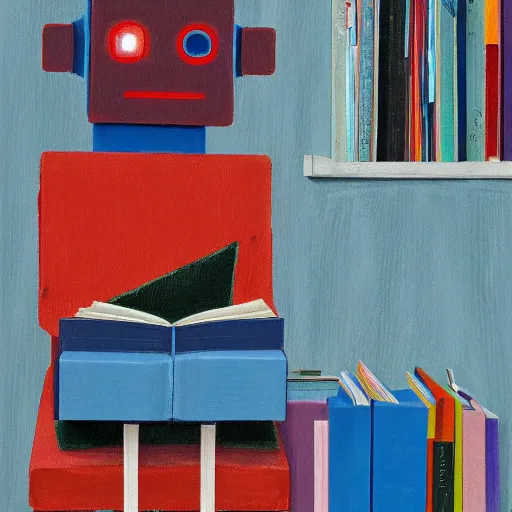 Image similar to a robot reading a book by david hockney