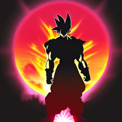 Image similar to goku black silhouette poster with sun background, simple style, character art, sharp focus, highly detailed, artstation