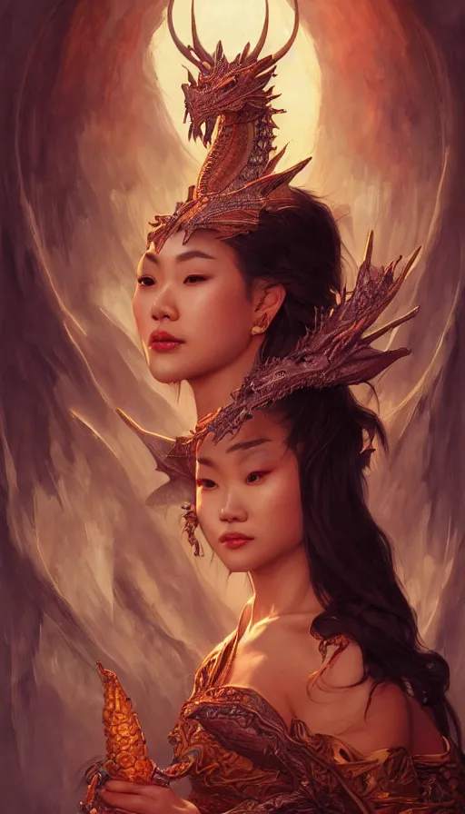 Prompt: dragon queen, captured, perfectly-centered-Portrait of the most beautiful asian woman on the planet, insane, intricate, highly detailed, digital painting, artstation, concept art, smooth, sharp focus, illustration, Unreal Engine 5, 8K, art by artgerm and greg rutkowski and alphonse mucha