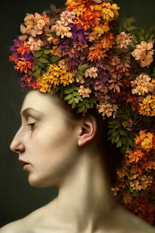 Prompt: a womans face in profile, made of flowers and leaves, in the style of the Dutch masters and Gregory Crewdson, impressive, dark, ethereal, dramatic, epic, a masterpiece, fine art with subtle redshift rendering