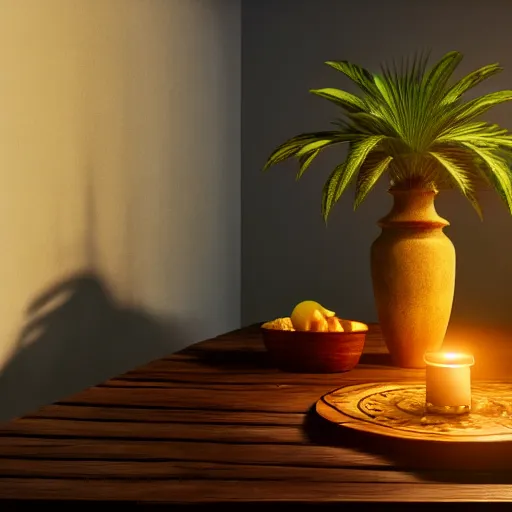 Prompt: a large vase with palms on top of a antique wooden table, vegetables on table and candle, medieval concept art, cinematic lightning and colors, vray tracing, rendered in unreal engine, dark lightning, contrast shadows, super detailed, 8 k
