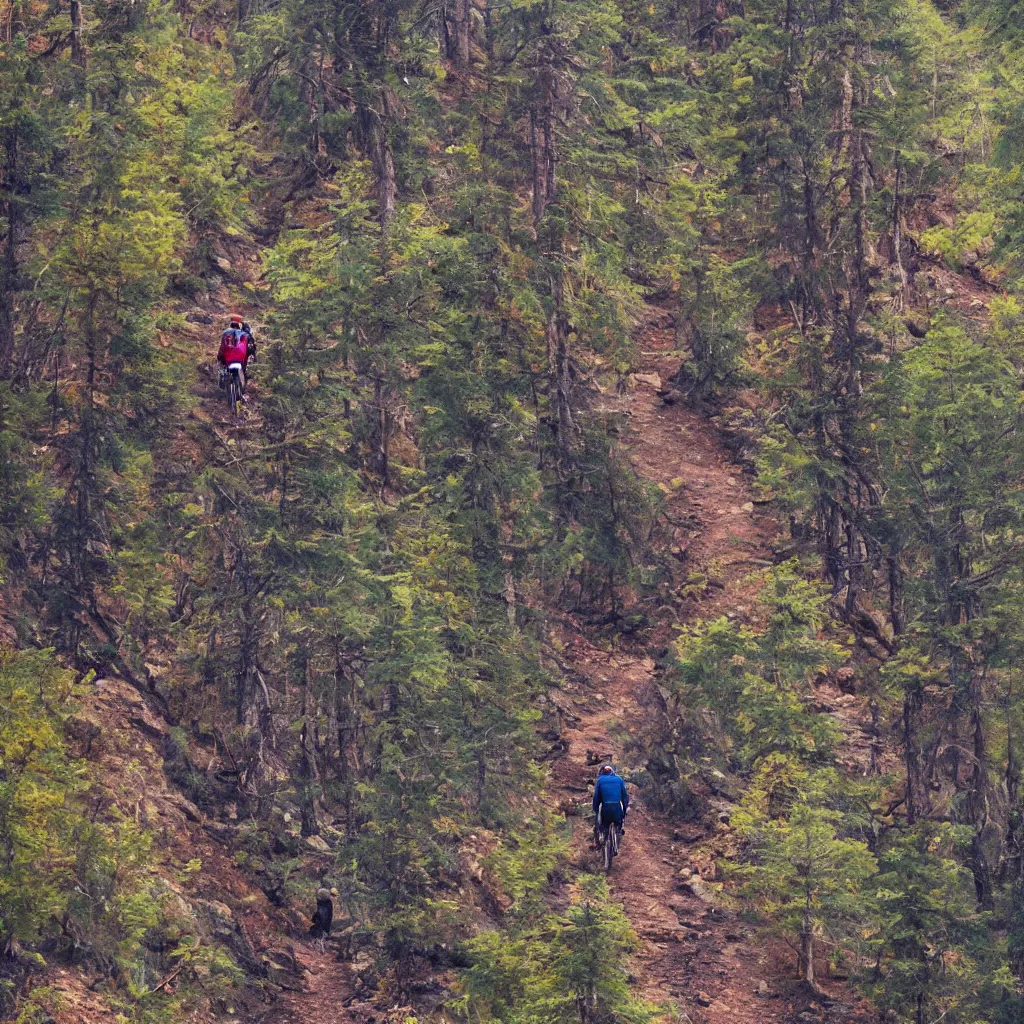 Image similar to Two men biking up a steep forest hill. One with a deep dark blue sweater and the other with a wine red sweater. sweaty. Oil painting. Emotional. Trending on artstation. Steep. Nordic Trees. Rustic. Artistic.