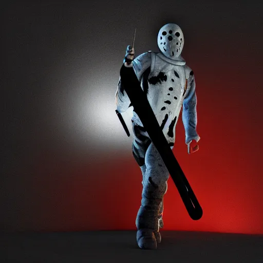 Prompt: Jason Voorhees rides a pony, 3d render, PBR, flashlight