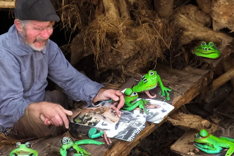 Prompt: photograph of a frog merchant.