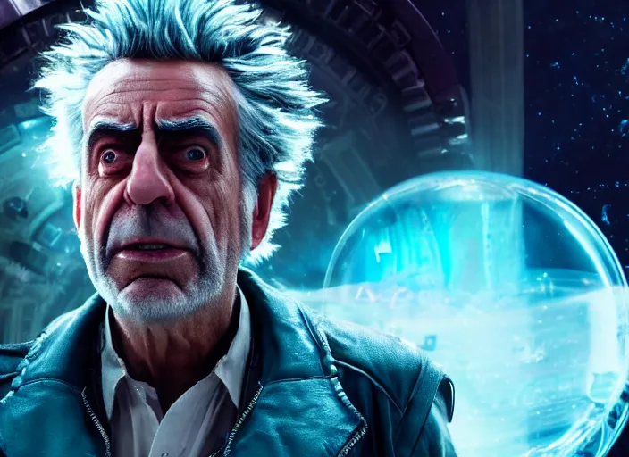 Image similar to film still of rick sanchez in the new scifi movie, 4 k, highly intricate, hyper realistic