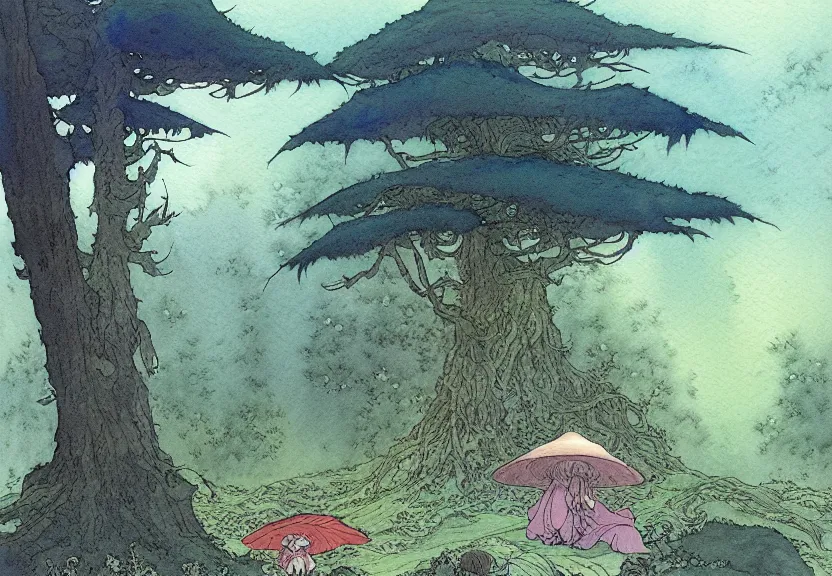 Image similar to a simple watercolor fantasy concept art of a giant dark grey cube floating in a forest clearing at night. by studio ghibli, rebecca guay, michael kaluta, charles vess