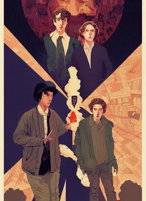 Image similar to poster artwork by Michael Whelan and Tomer Hanuka, Karol Bak of Ryan Gosling and Timothee Chalamet are the Hardy boys, from scene from Twin Peaks, clean