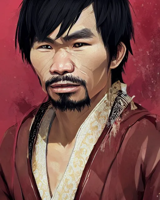 Image similar to an anime portrait of manny pacquiao as a beautiful man wearing a kimono from skyrim, by stanley artgerm lau, wlop, rossdraws, james jean, andrei riabovitchev, marc simonetti, and sakimichan, trending on artstation