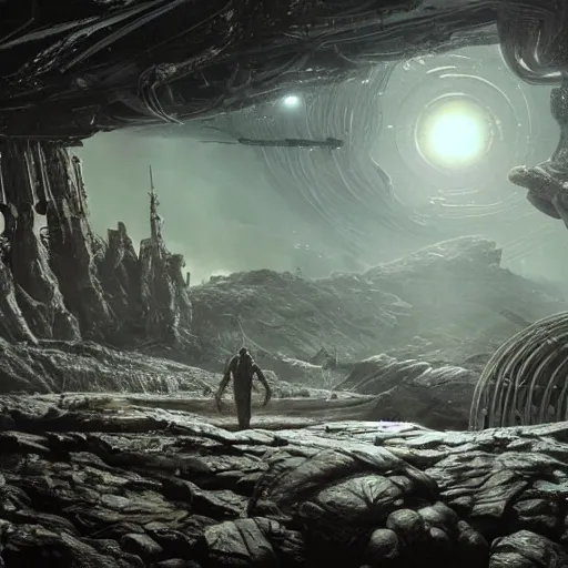 Image similar to scene from prometheus movie, hr giger artlilery spaceship lands in an alien landscape, filigree ornaments, volumetric lights, simon stalenhag