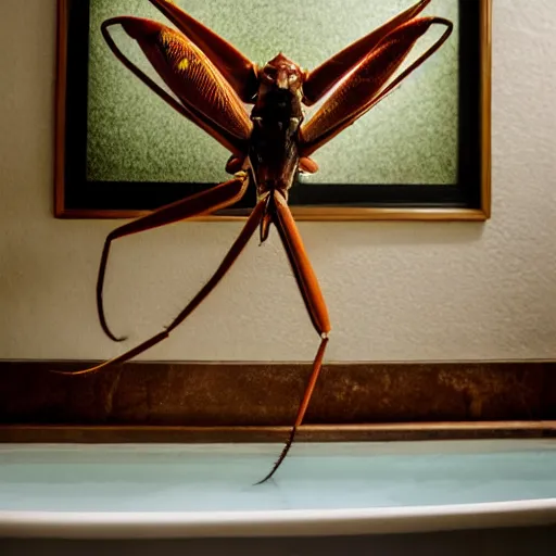 Image similar to cinematic photo of a giant taxidermized praying mantis in a bathtub