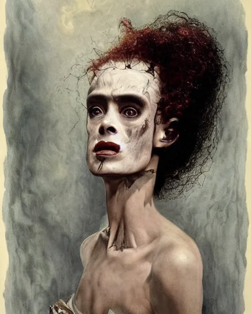 Prompt: a beautiful and eerie baroque painting of a gorgeous bride of frankenstein bleeding in dead space. she has wild, curly hair, freckles and violence in her eyes photographed in the 1 9 7 0 s, by alan lee