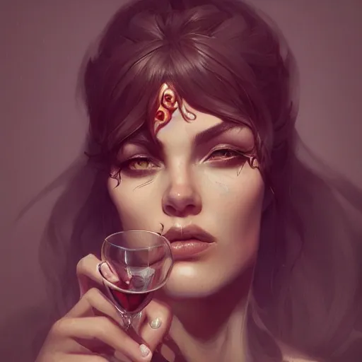 Prompt: an insanely detailed portrait of a beautiful woman drinking a glass of wine as a demon whispers in her ear, highly detailed features, in the style of peter mohrbacher, artgerm, dramatic lighting and composition, octane render, trending on artstation, concept art 8 k