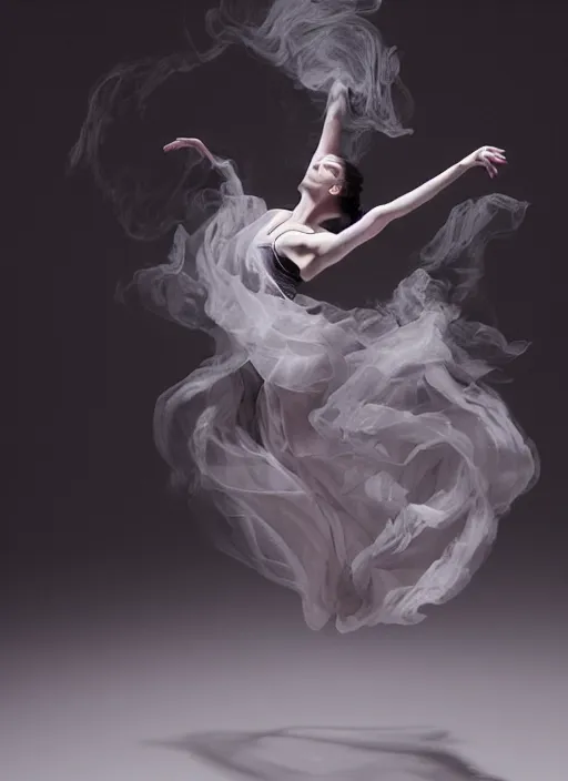 Prompt: a photorealistic dramatic hyperrealistic render of a glamorous beautiful female dancer by ken brower and deborah ory of nyc dance project, lois greenfield, flowing cloth and smoke, beautiful dynamic dramatic dark moody lighting, beautiful face volumetric, shadows, artgerm, cinematic atmosphere, octane render, 8 k