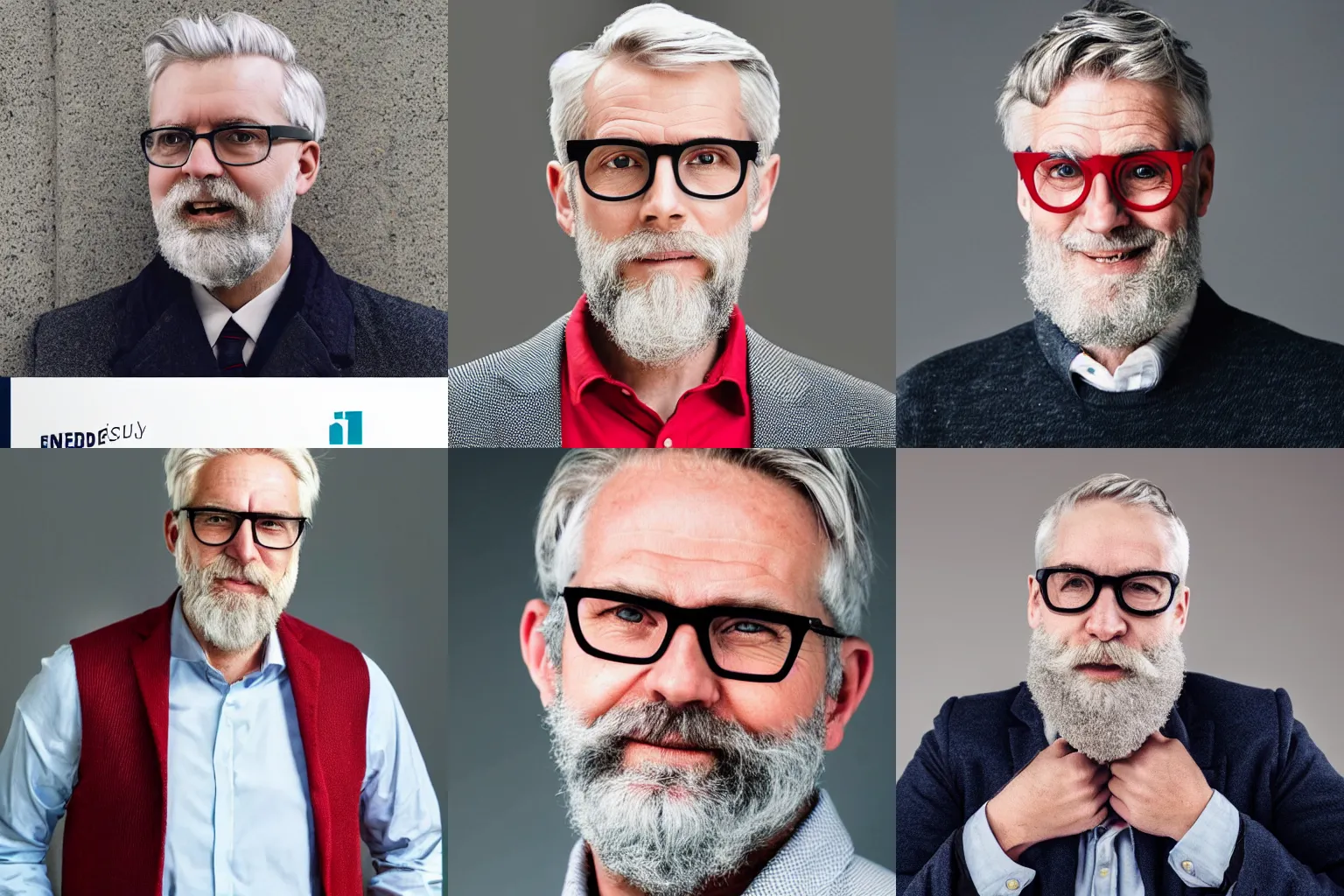 Prompt: photo of a 50-year-old white man, silver hair, neat beard, wearing a red gilet, thick rimmed-glasses, professional corporate portrait, from investor prospectus