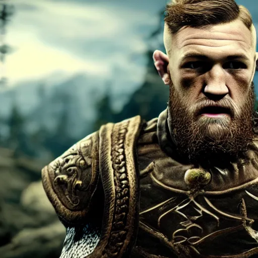 Image similar to character screenshot of conor mcgregor in skyrim, elf armor, ps 3 graphics, npc talking, wilderness, 1 0 8 0 p, bokeh, elder scrolls v, detailed, dialog text