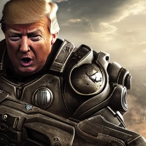 Image similar to Photo portrait of Donald Trump as Crusader!! in Gears of War, splash art, movie still, detailed face, photorealistic facial features, cinematic lighting, dramatic, octane render, long lens, shallow depth of field, bokeh, anamorphic lens flare, 8k, hyper detailed, 35mm film grain