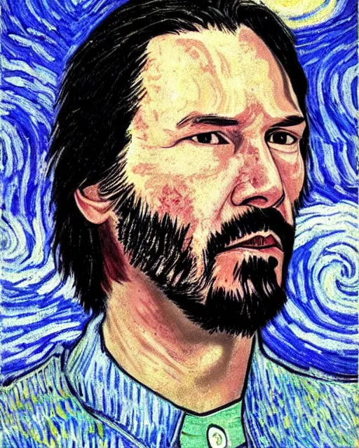 Image similar to Keanu Reeves as Neo in the style of van gogh self portrait, face, detailed, sharp focus