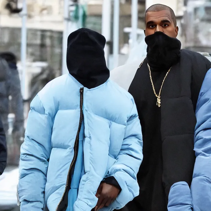 Prompt: kanye west using a full face covering black mask, a undersized light blue round puffer jacket made of nylon and big black rubber boots,