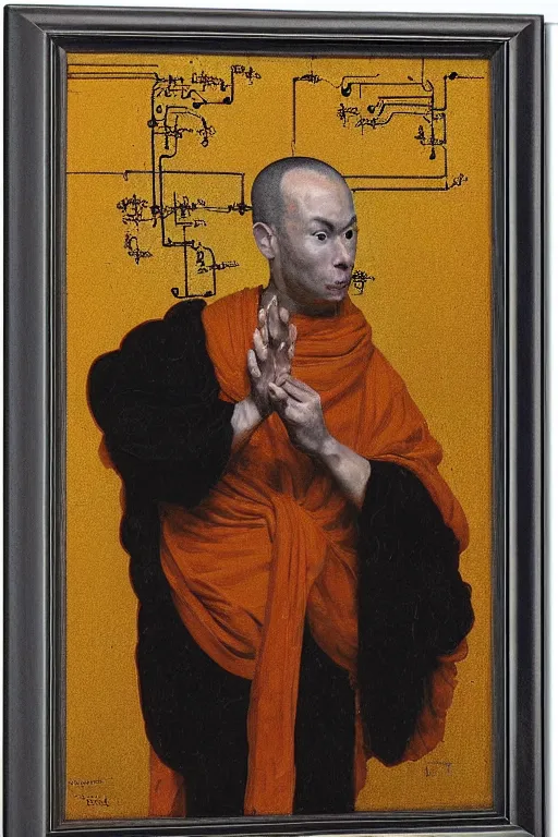 Prompt: portrait of a techno monk in orange robes with wires and circuit boards coming out of his face by francisco goya