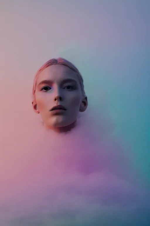 Image similar to high quality pastel coloured film close up wide angle photograph of a model wearing clothing resting on cloud furniture in a icelandic black rock!! environment in a partially haze filled dreamstate world. three point light, rainbow. photographic production. art directed. pastel colours. volumetric clouds. pastel gradient overlay. waves glitch artefacts. extreme facial clarity. 8 k. filmic.