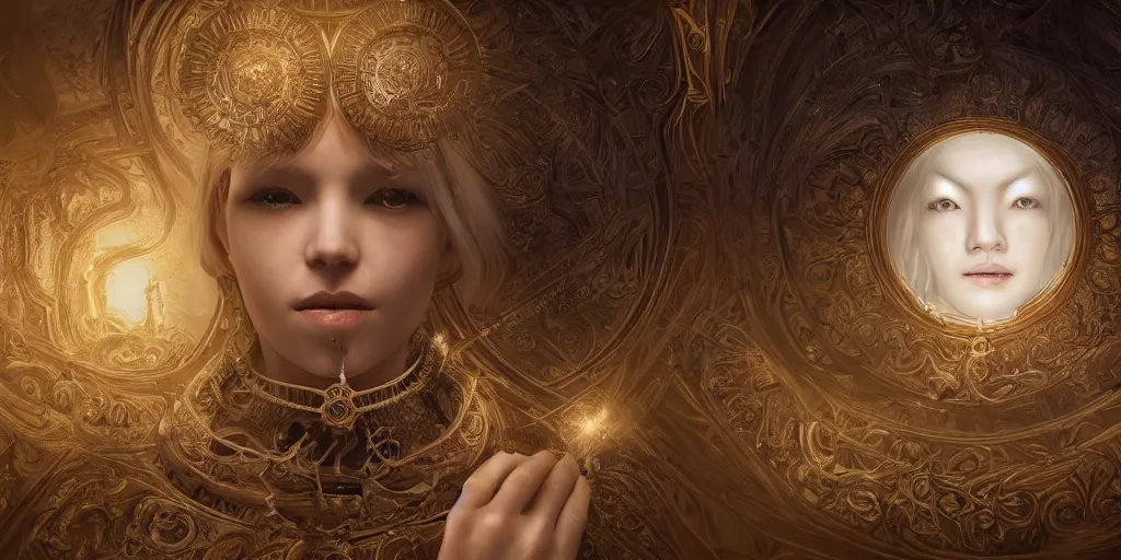 Prompt: hyperrealistic photography of a highly detailed and symmetrical gorgeous nordic female scientist constructing a golden baroque time machine in the style of Jin Kagetsu, James Jean and wlop, face symmetry, highly detailed, masterpiece, award-winning, sharp focus, intricate concept art, ambient lighting, 8k, artstation