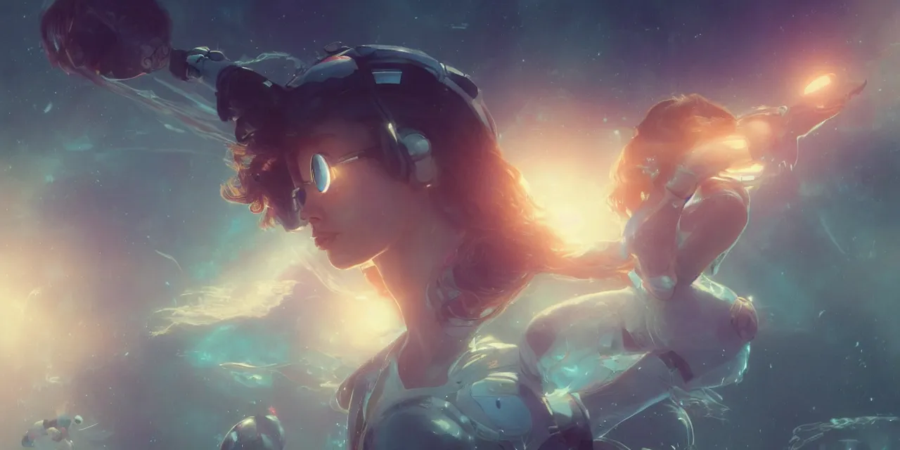 Image similar to dream zoe kravitz astronaut, underwater in the ocean at night, atmospheric, volumetric lighting, glowing lights, 4k, octane, digital painting, artstation, concept art, sharp focus, illustration, art by artgerm and greg rutkowski and alphonse mucha