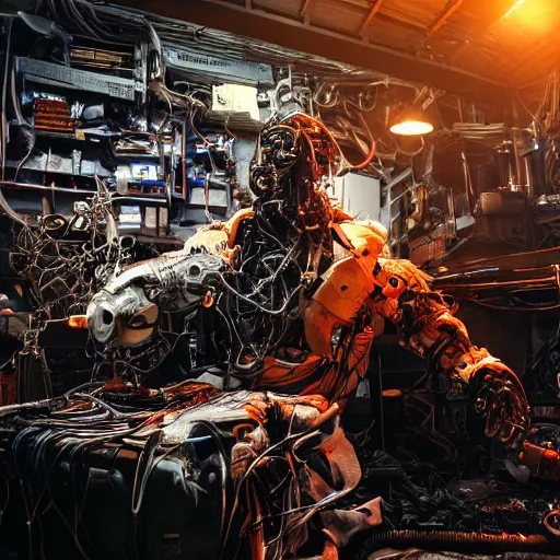 Prompt: cyborg with gatlinger gun hands, tangles of metallic cables, dark messy smoke - filled cluttered workshop, dark, dramatic lighting, orange tint, sparks, plasma charges, cinematic, highly detailed, sci - fi, futuristic, movie still