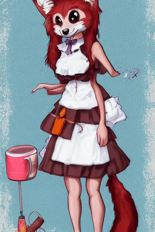 Image similar to a fox fursona wearing a maid outfit, highly detailed, digital art, trending on artstation, furry art