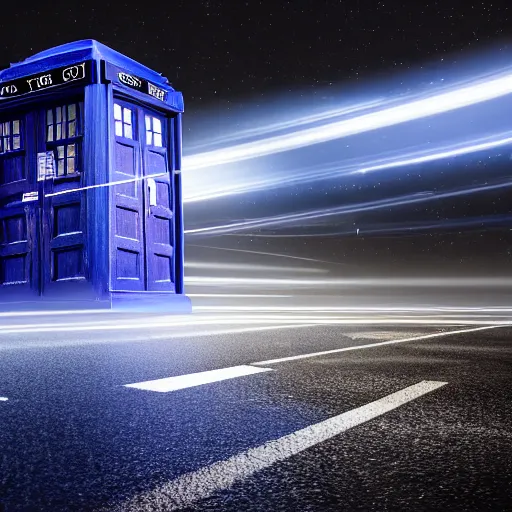 Image similar to a hyperdetailed photograph of the tardis sat on a futuristic street corner, night, dense fog, rain, hd, 8 k resolution