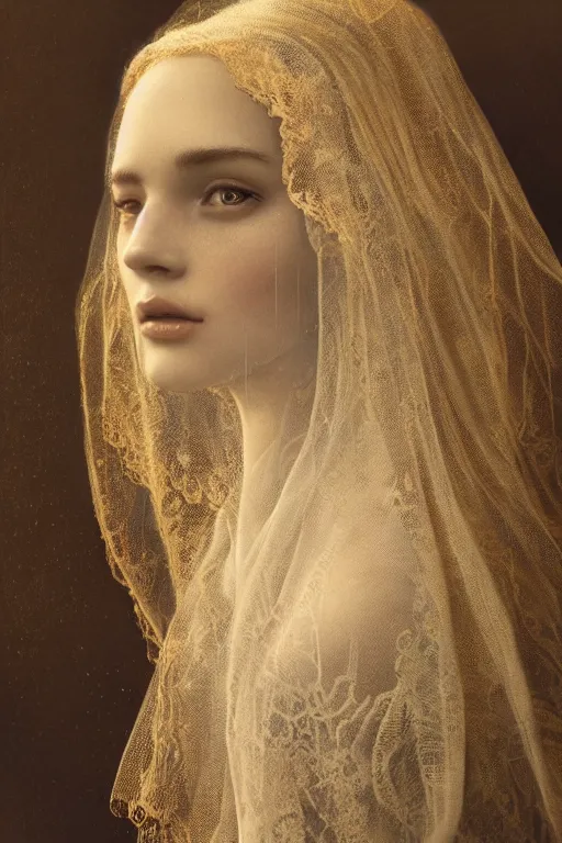 Image similar to a beautiful ultradetailed vintage photo of a veiled cyborg, by tom bagshaw and anna dittman, embroidered lace chapel veil, portrait, vignette, 3 5 mm lens, golden ratio composition, detailed face, studio photography, very detailed, humanoids, industrial robots, artstation, 8 k, highly coherent