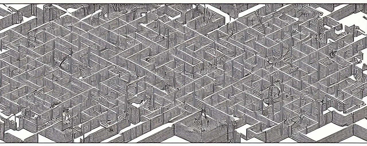 Prompt: isometric view of a highly detailed cnc mill woodcut of a hyperdimensional labyrinth maze with a steampunk minotaur in the center