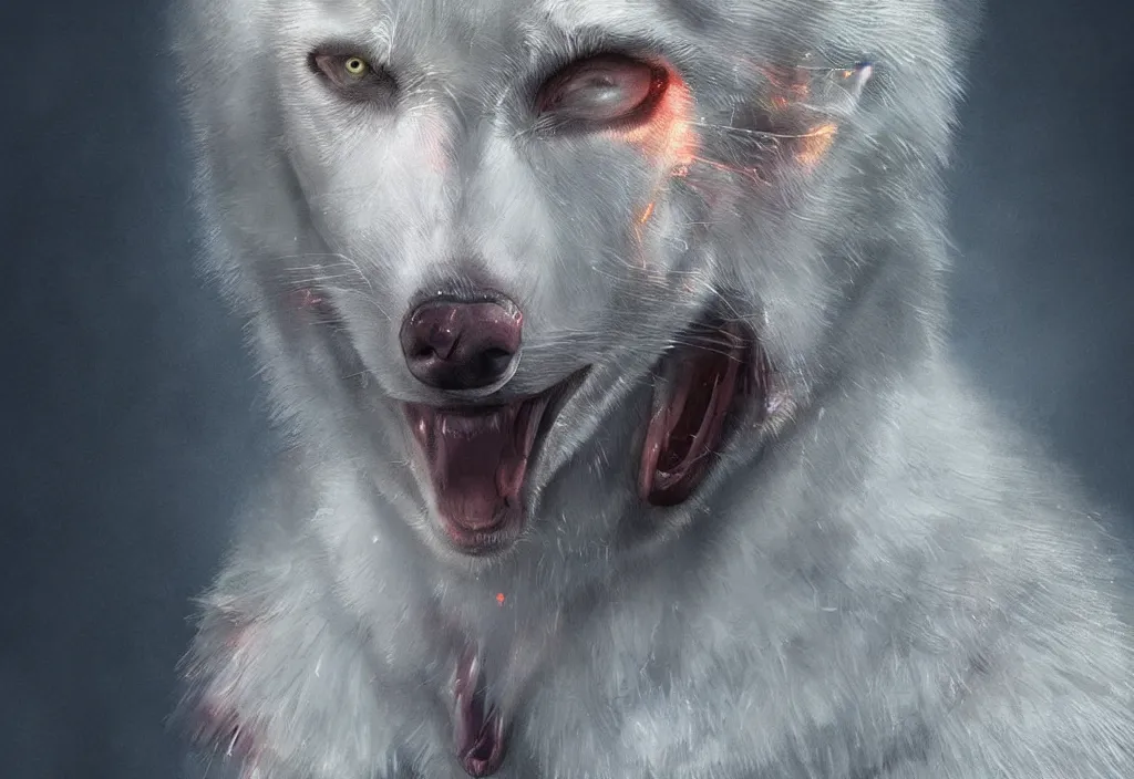 Image similar to a man ( putin ) morphing into a white wolf, artstation, high detail, colorful lighting