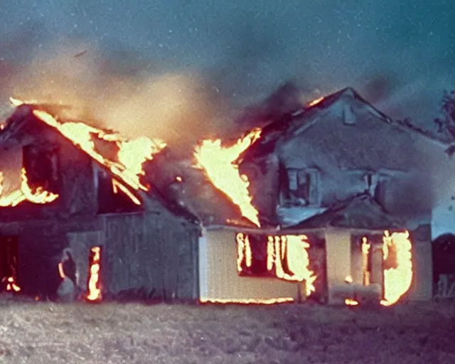 Prompt: a movie still from 'A Goose Set my House on Fire', 40mm tape, technicolour film, goose in foreground!!!!, housefire!, letterboxing, widescreen