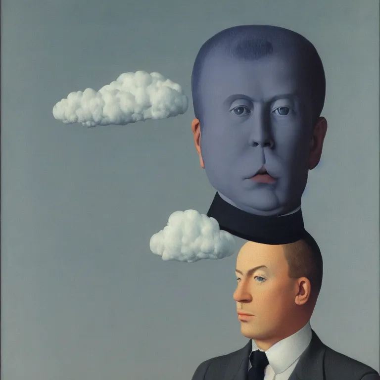 Image similar to portrait of a man in a suit, his head is a cloud, by rene magritte, detailed painting, hd, hq, high resolution, high detail, 4 k, 8 k