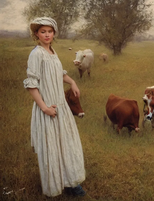Image similar to peasant girl on a farm with cows, portrait, cottage core, cinematic focus, polaroid photo bleached vintage pastel colors high - key lighting, soft lights, foggy, by steve hanks, by lisa yuskavage, by serov valentin, by tarkovsky, 8 k render, detailed, oil on canvas