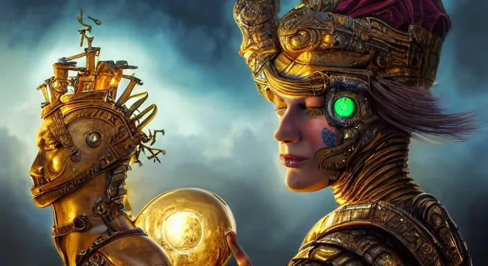 Prompt: trojan horse! battlefield, closeup portrait of eris discordia, holding an glowing reflective gold!!! metal apple, goddess of chaos, fantasy character portrait, ultra realistic, wide angle, intricate details, artifacts, luminous skies, michael cheval, peter mohrbacher, boris vallejo, jessica rossier, oil painting, highly detailed, cinematic lighting, unreal