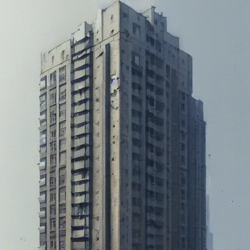 Image similar to illustration of a tall apartment building in a city made of concrete, dramatic lighting, illustration by Greg rutkowski, Shaun Tan art, yoji shinkawa, 4k, digital art, concept art, trending on artstation