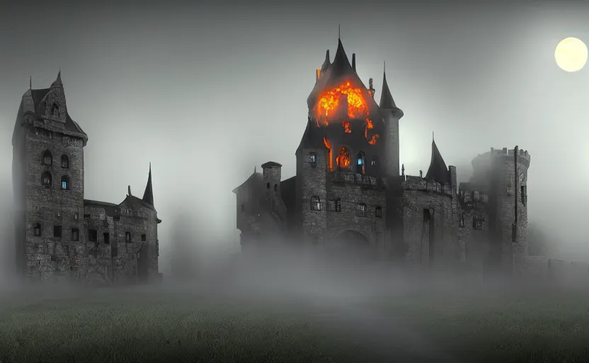 Prompt: a picture of burning!!! gothic! castle in fog, full moon, visual art, 8 k resolution, 3 d modelling, accent lighting, art station