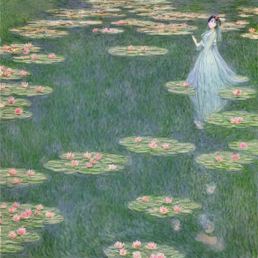 Prompt: scenic illustration of Hatsune Miku in The Water Lily by Claude Monet