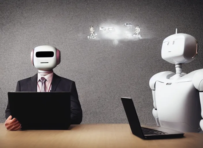 Image similar to A flying head and a Robot, business meeting