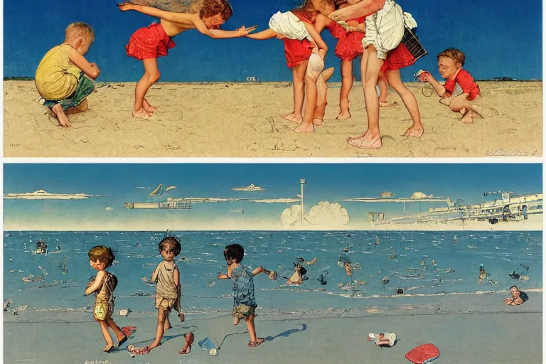 Prompt: children playing at the beach, huge atomic explosion in the background, wide angle shot, detailed, by norman rockwell, by mattias adolfsson, by moebius, oil on canvas,