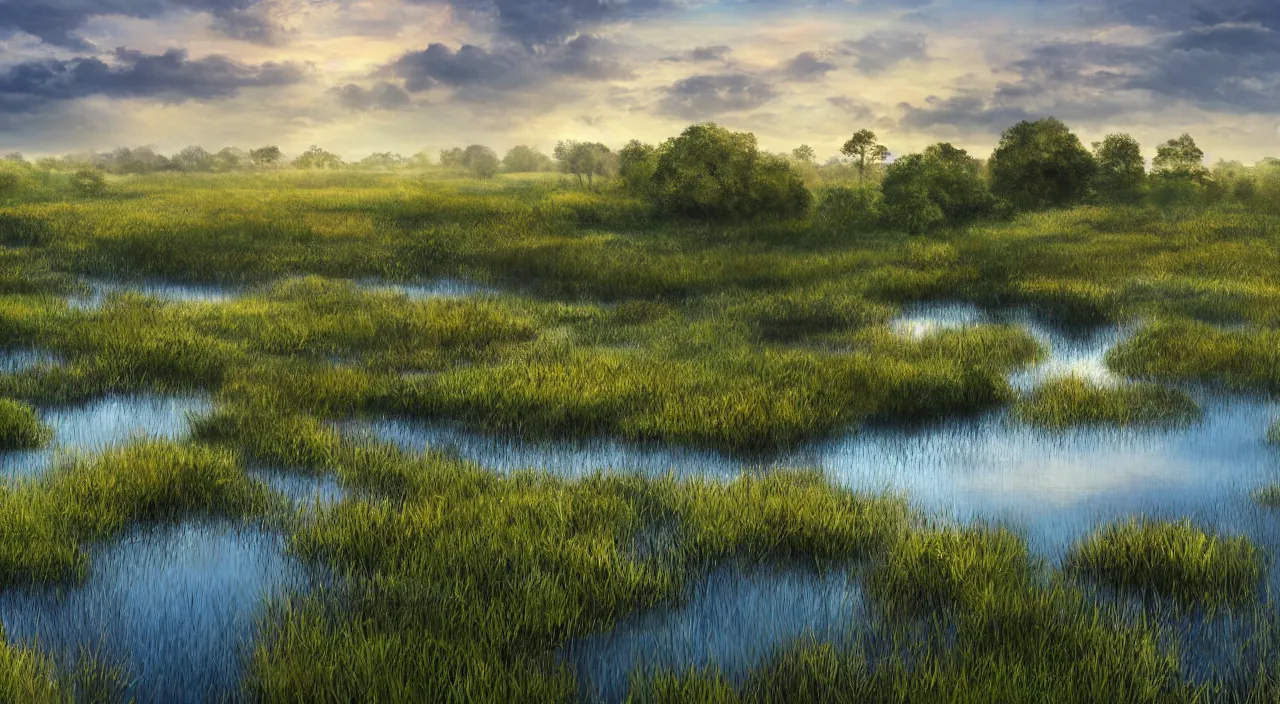 Prompt: majestic wetland landscape, high definition, high detail, 8k, photorealistic,