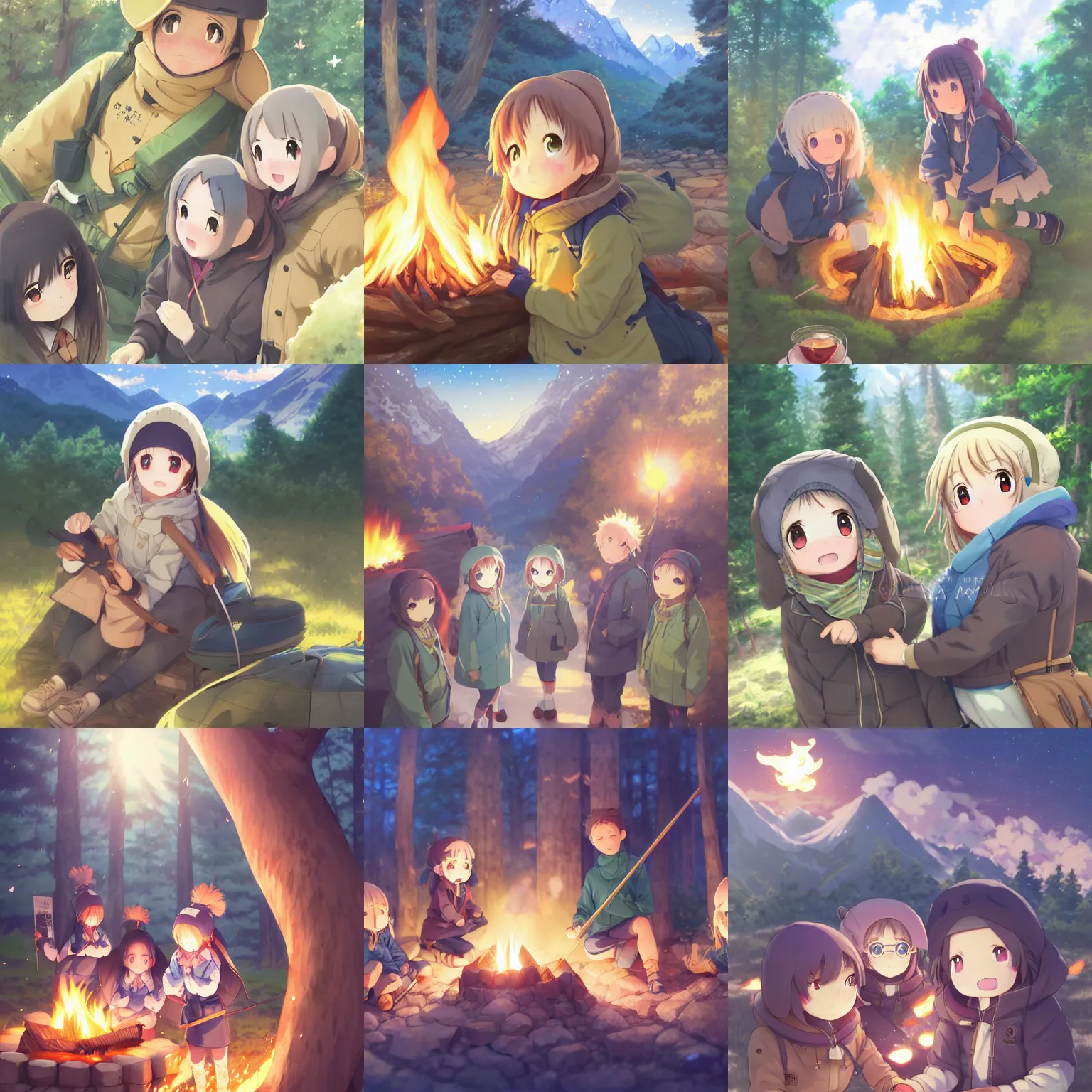 Prompt: anime yuru camp yama no susume cute girls hyperdetailed eyes around campfire trending on artstation cute moe Unreal Engine 4k 8k ultra HD illustration digital pixiv concept art manga cover by Stanley Artgerm Lau, WLOP, Rossdraws, James Jean, Andrei Riabovitchev, Marc Simonetti, and Sakimichan