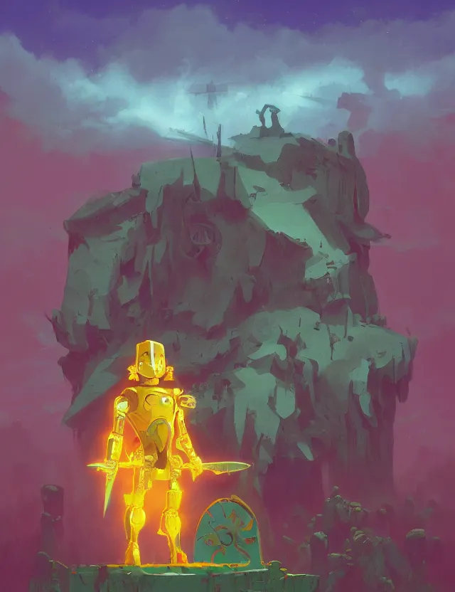 Prompt: yellow warforged with a sword and a shield by Roger Dean, by Anton Fadeev, by albert bierstadt, magical realism, oil on canvas, soft render, octane, artstation