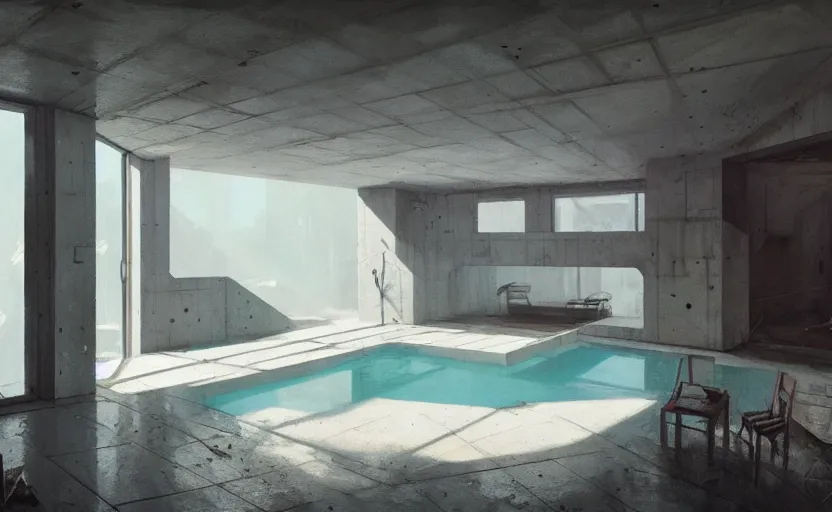 Prompt: painting of interior shot of a white concerete brutalist house architecture with big pools by darek zabrocki, greg ruthkowski and simon stalenhag, cinematic and cold atmospheric, archillect concept art, artstation, trending on artstation