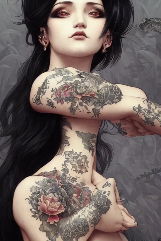 Image similar to goth yakuza girl tattoos, intricate, elegant, highly detailed, digital painting, artstation, concept art, smooth, sharp focus, illustration, art by artgerm and greg rutkowski and alphonse mucha and william-adolphe bouguereau