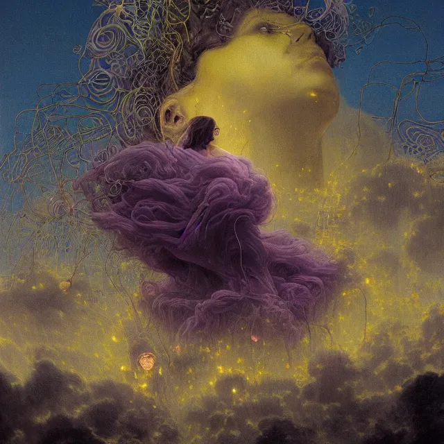 Image similar to A portrait of a woman wearing clothes made out of thunder clouds and flowers, apocalypse, silhouettes floating in the air in the background, yellow skin, Masterpiece, glowing, wires everywhere, by Edgar Maxence and Ross Tran, Zdzisław Beksiński, and Michael Whelan, distant, gustav dore, H.R. Giger, 8k, octane render